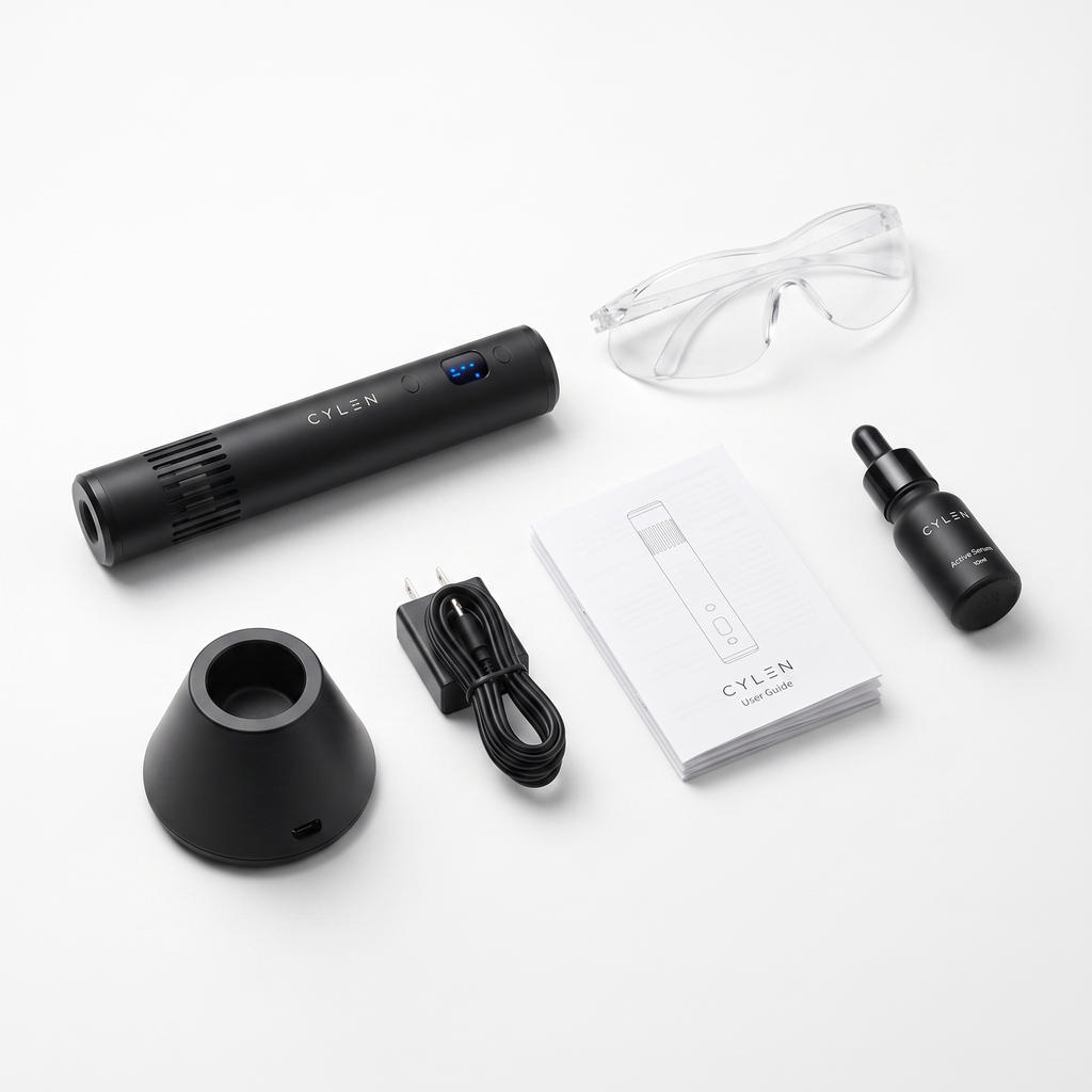 Kit completo CYLEN CICATRIZ: dispositivo, base de carga, adaptador, gafas de protección, serum y manual