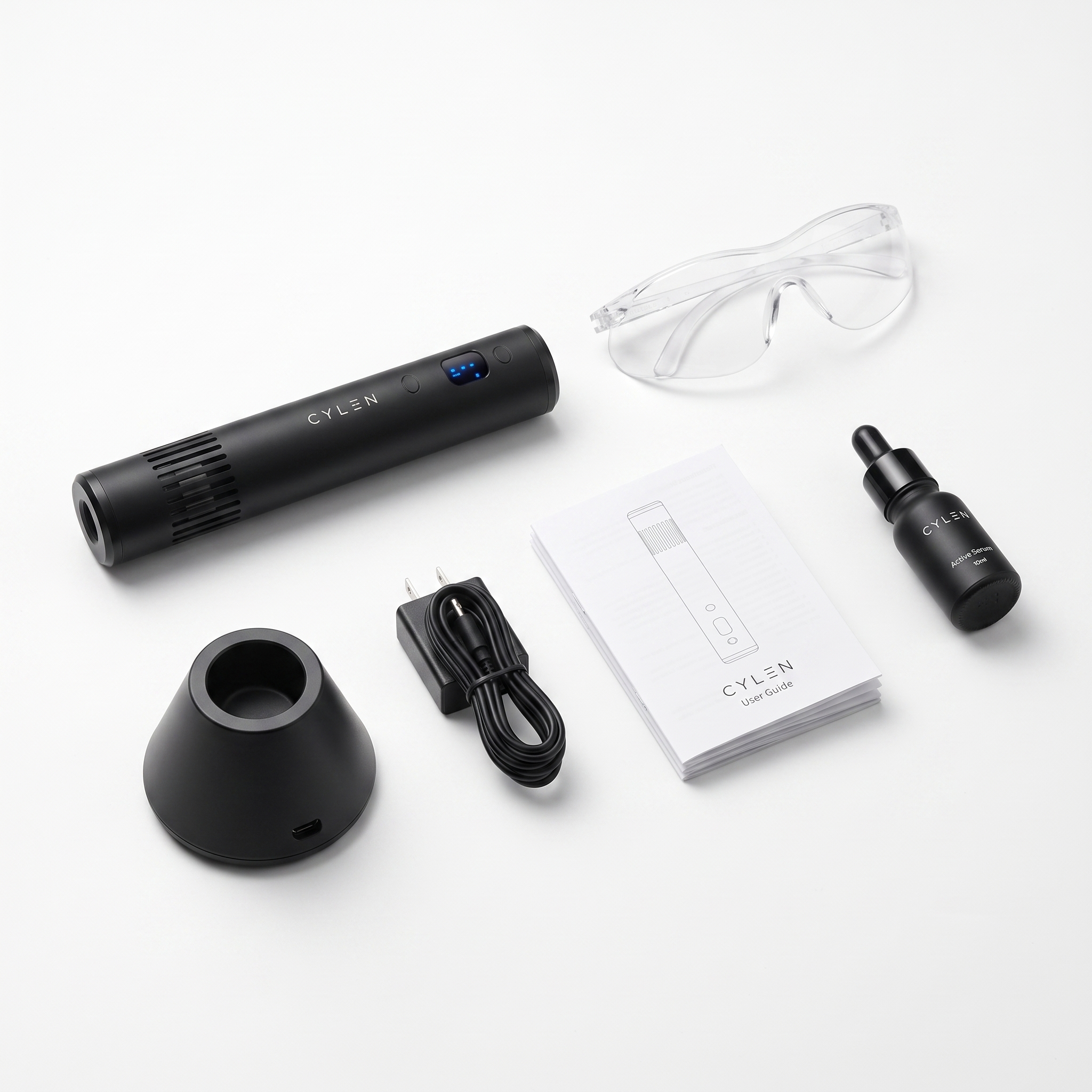 Kit completo CYLEN CICATRIZ: dispositivo, base de carga, adaptador, gafas de protección, serum y manual