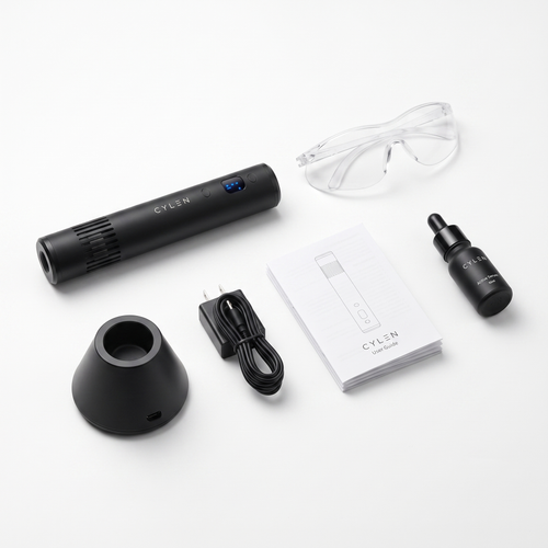 Kit completo CYLEN CICATRIZ: dispositivo, base de carga, adaptador, gafas de protección, serum y manual
